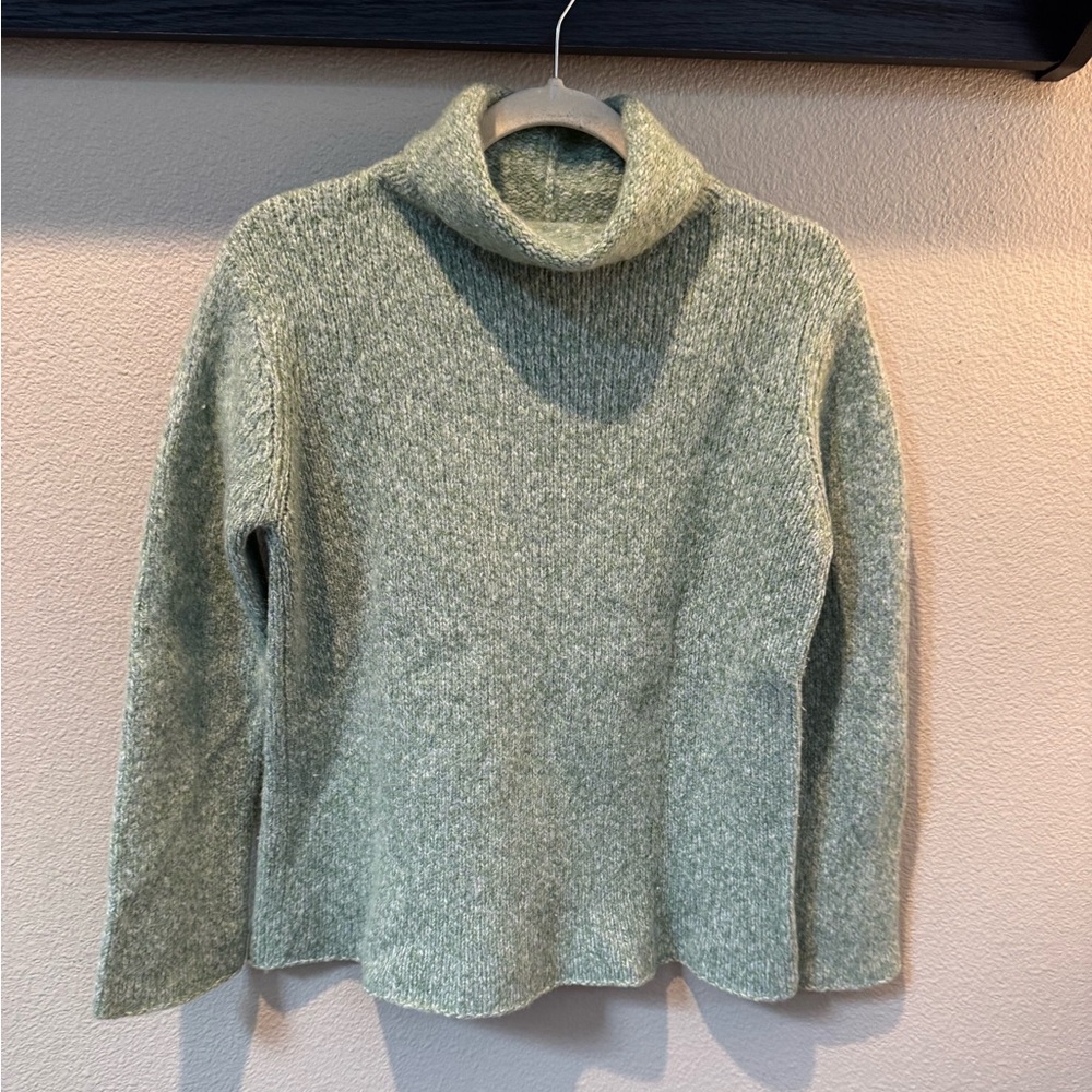 Eileen Fisher Mint Green & Cream  Italian Wool Mock Turtleneck Sweater Sz Large